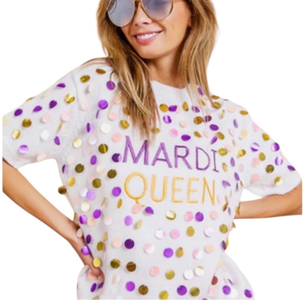 BiBi Mardi Queen White Sequin Short Sleeve Knit Sweater Mardi Gras Carnival Lg